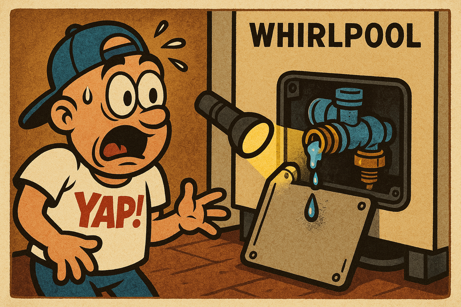 A close-up cartoon illustration of the lower back panel of a Whirlpool refrigera