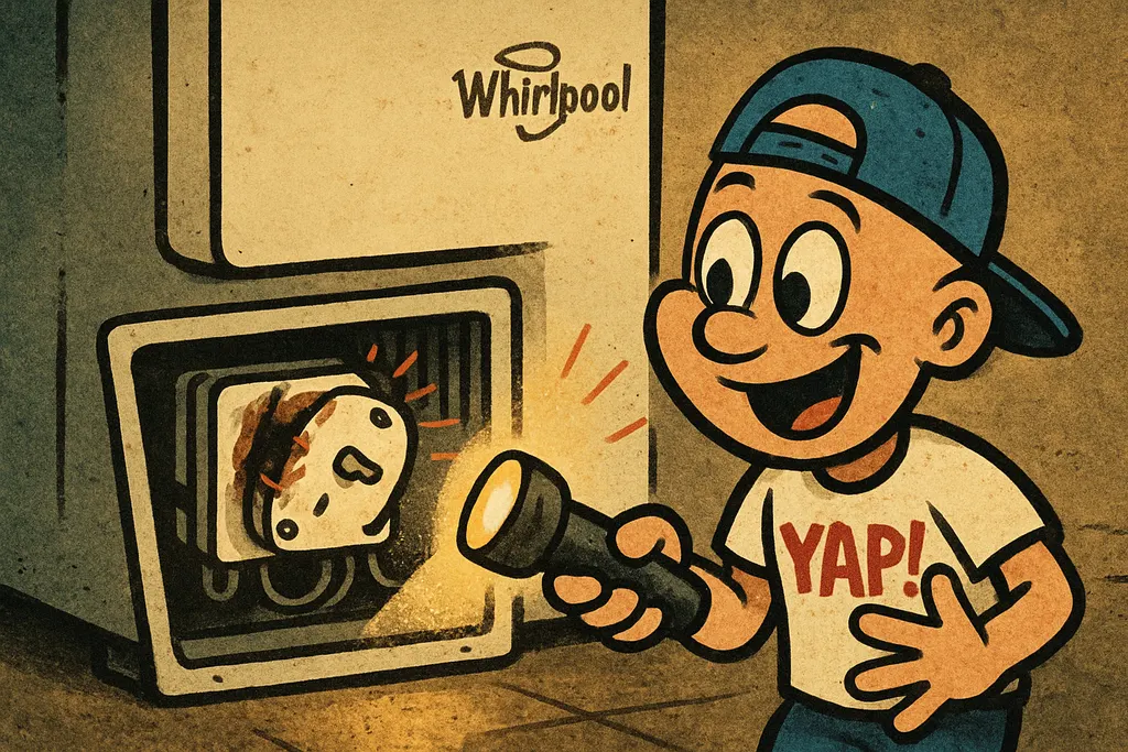 A close-up cartoon scene of the inside back panel of a refrigerator removed, exp
