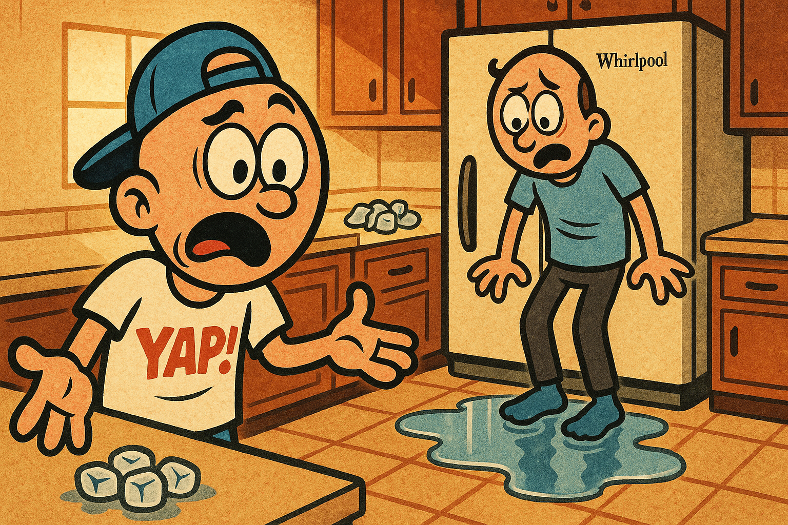 A wide cartoon scene of a frustrated person in a kitchen, discovering a puddle o