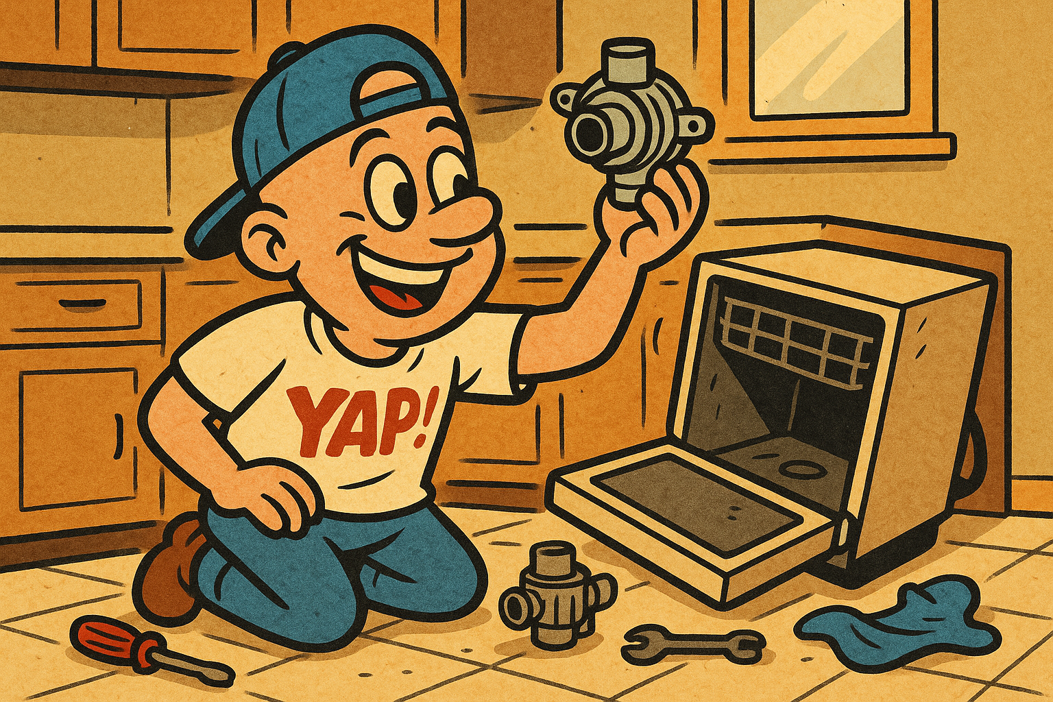 A cartoon scene of someone kneeling on a kitchen floor next to a dishwasher that