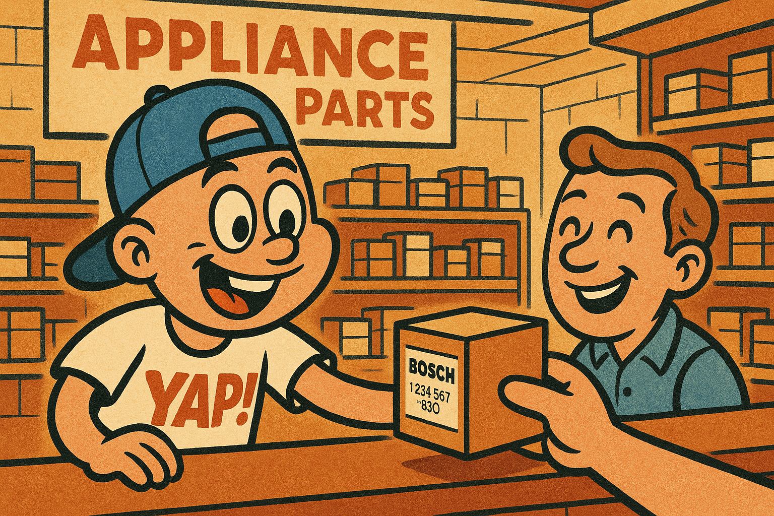 A cheerful cartoon scene inside a small-town appliance parts store counter — a p