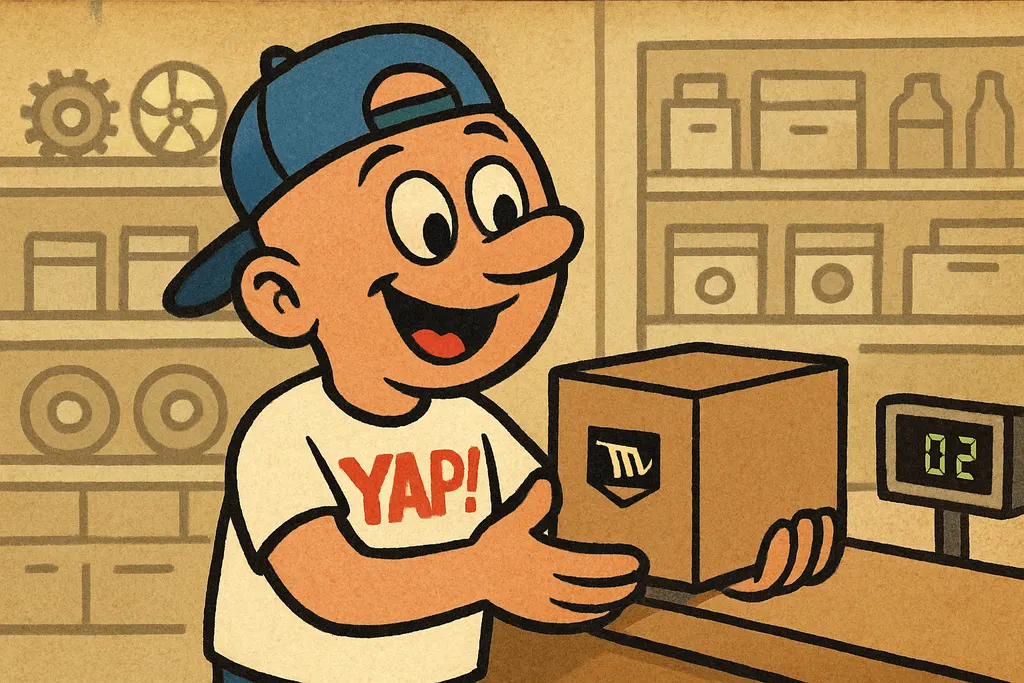 A cheerful cartoon scene inside a small-town appliance parts store counter — a p