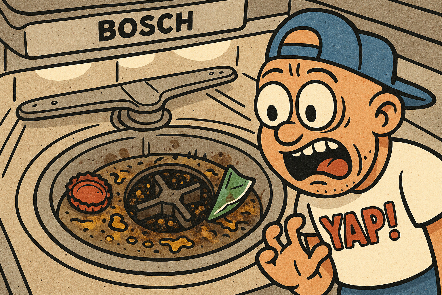 A close-up cartoon view looking down into the bottom of a Bosch dishwasher tub w