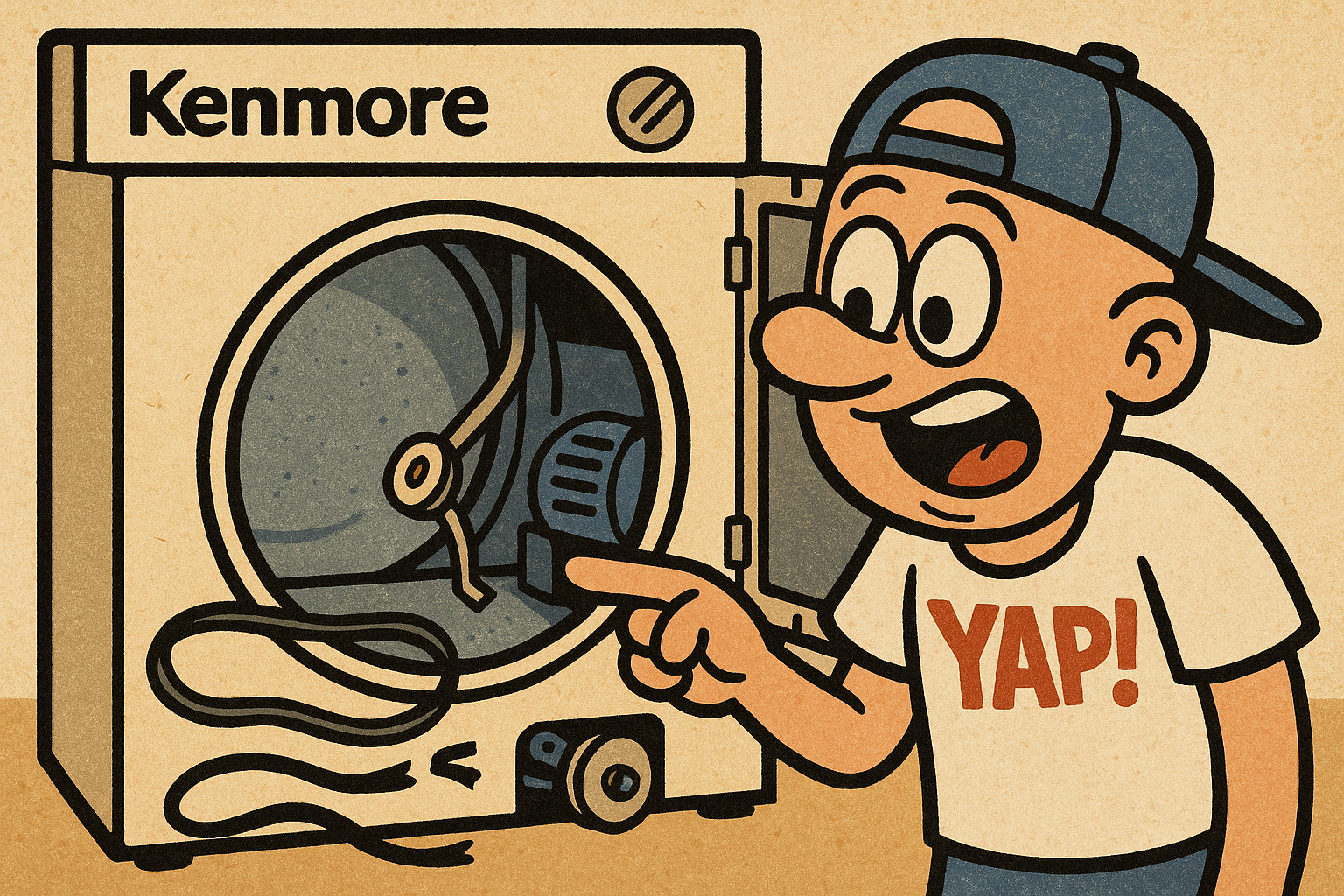 A close-up cartoon scene inside an open Kenmore dryer with the front panel remov
