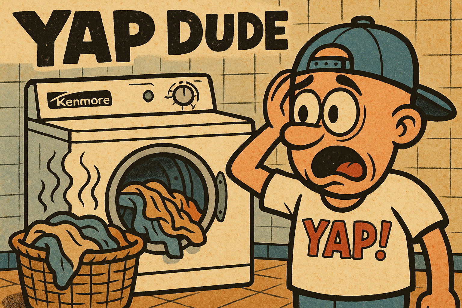A cartoon scene in a laundry room showing a Kenmore dryer with its door open, a 