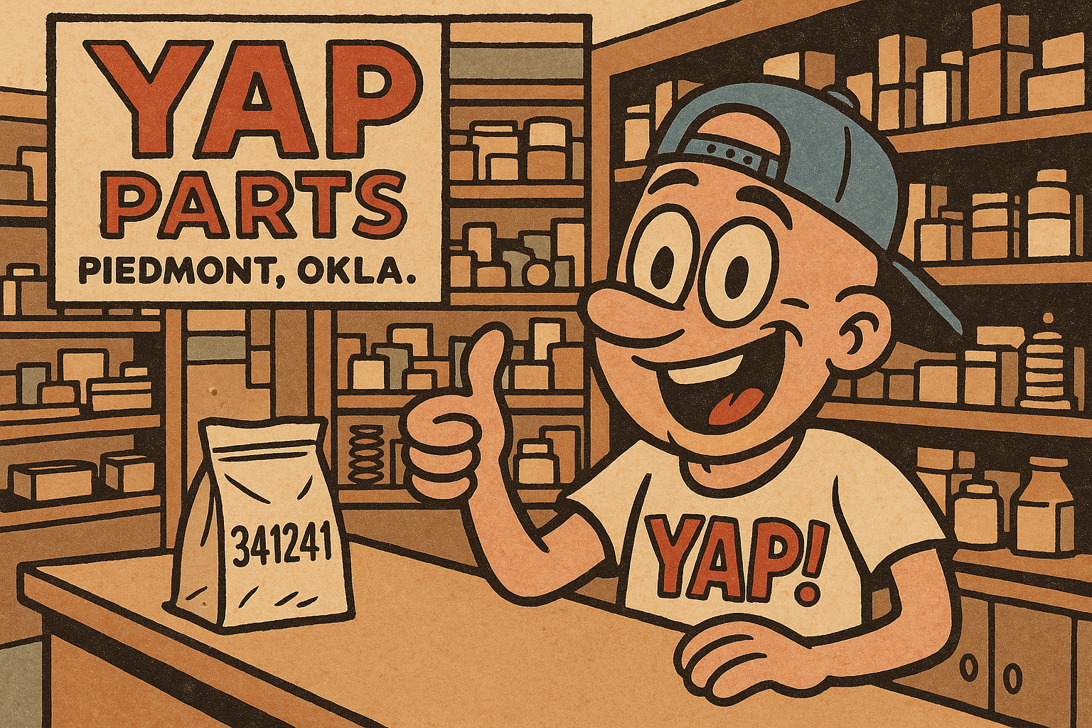 A cartoon scene of the inside of the YAP parts store counter in Piedmont, Oklaho