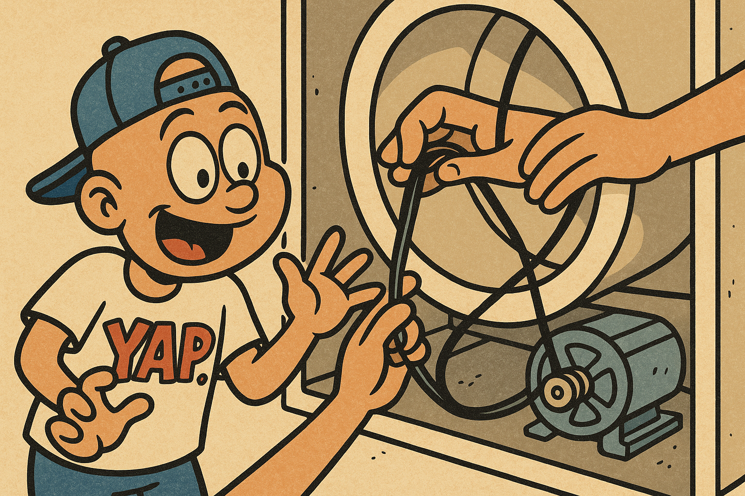 A cartoon action scene of hands threading a new rubber drive belt around a large