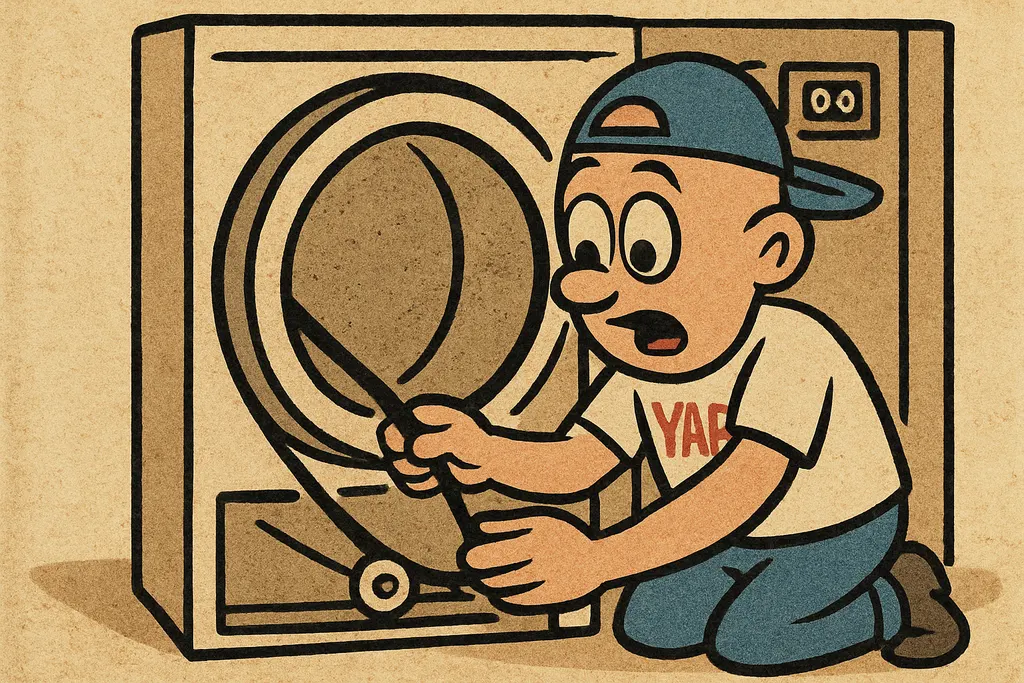 A cartoon action scene of hands threading a new rubber drive belt around a large