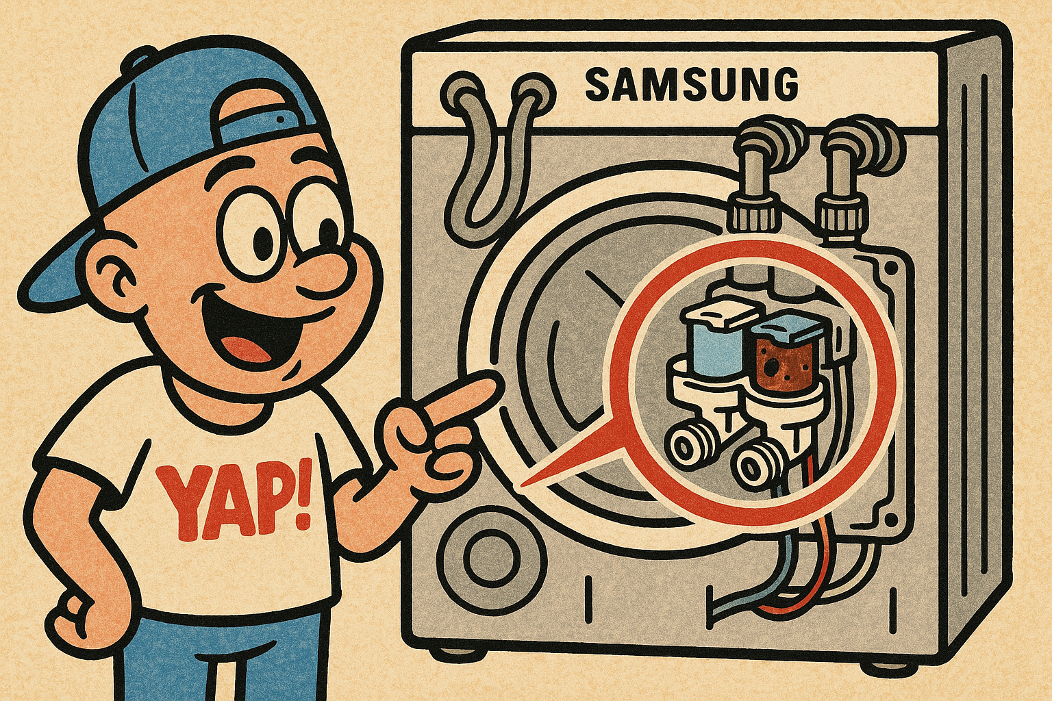 A cartoon close-up of the back of a Samsung front-load washing machine with the 