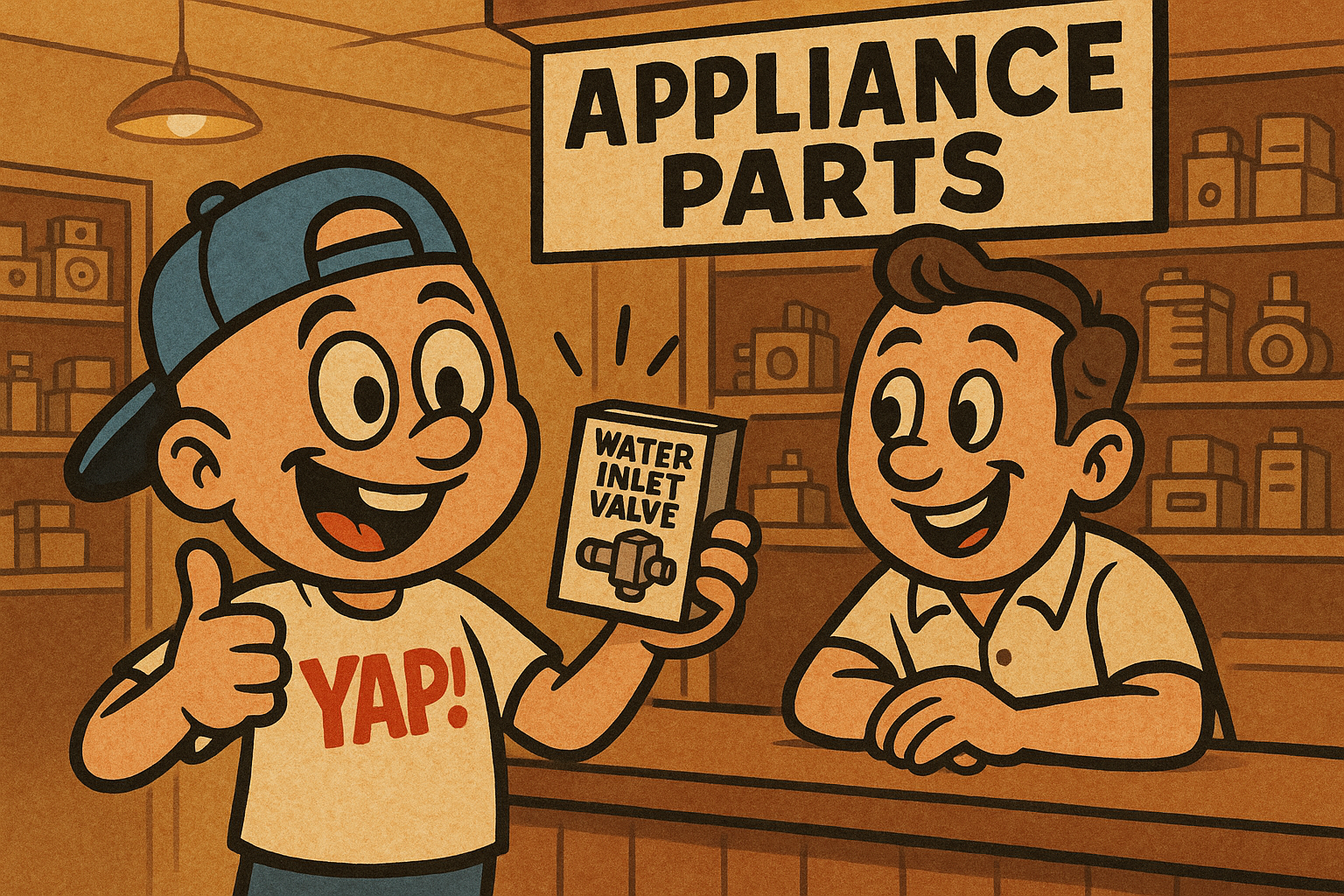 A cartoon scene inside a friendly local appliance parts shop counter — warm ligh