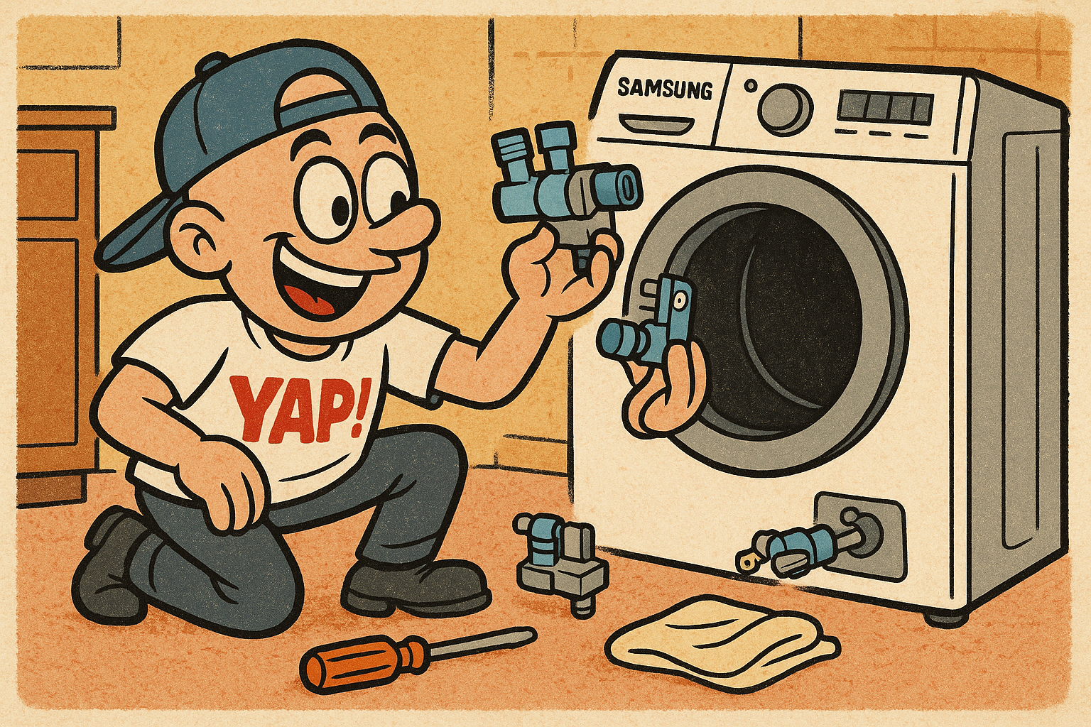 A cartoon action shot of a person in a laundry room kneeling behind a Samsung wa