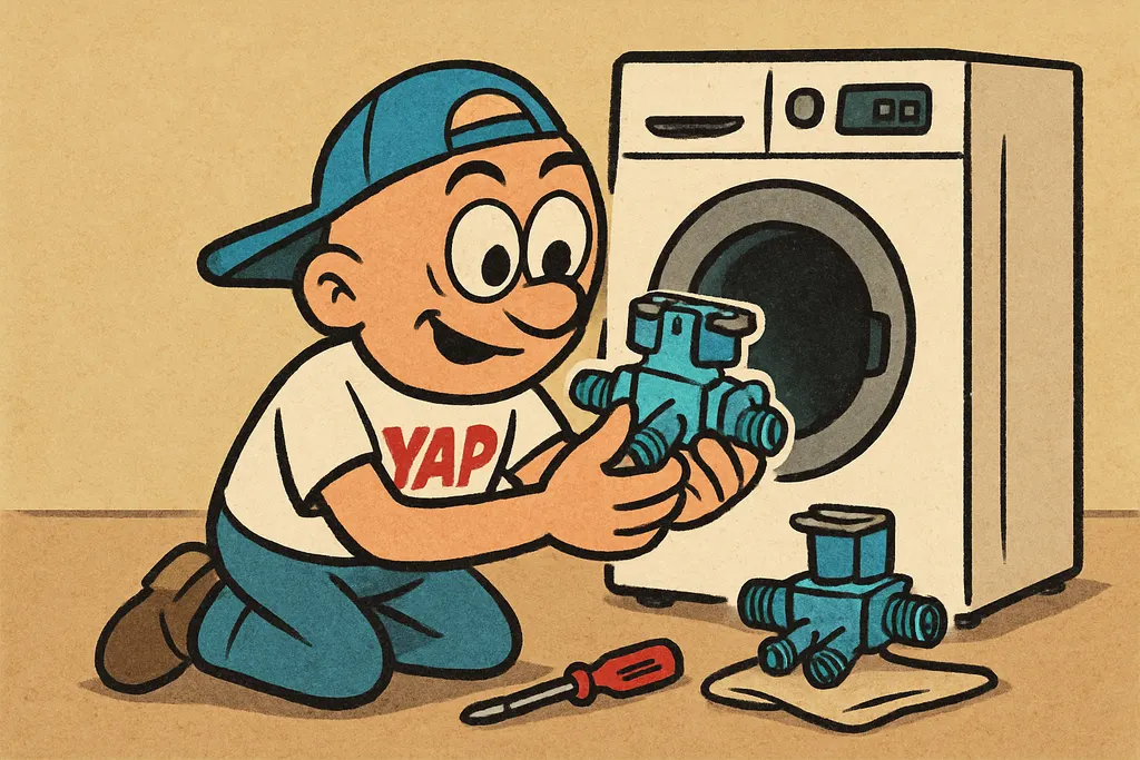 A cartoon action shot of a person in a laundry room kneeling behind a Samsung wa