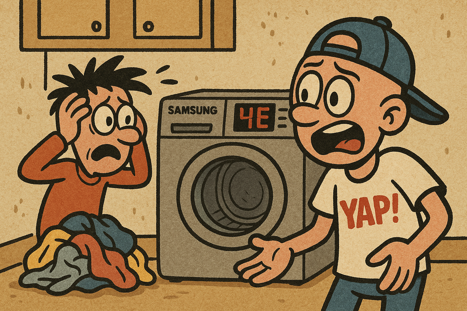 A cartoon scene of a frustrated person standing in front of a Samsung front-load
