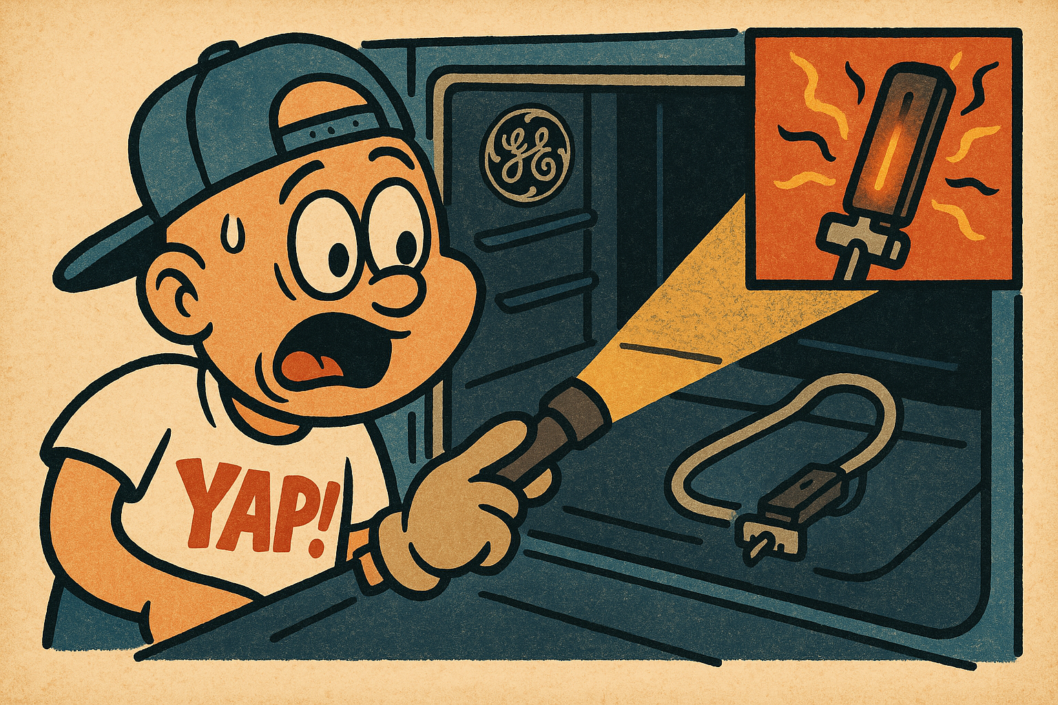 A close-up cartoon illustration of the inside of a GE oven cavity with the oven 