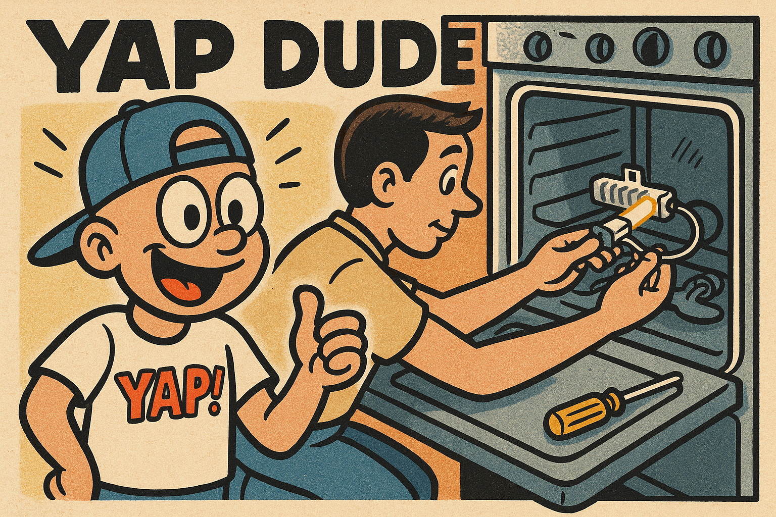 A cartoon action shot of a person kneeling in front of an open oven, carefully p