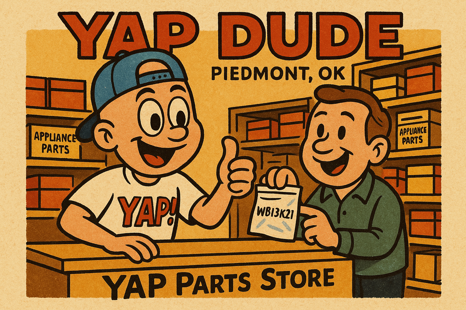 A warm cartoon scene set inside the YAP parts store counter in Piedmont, OK — a 