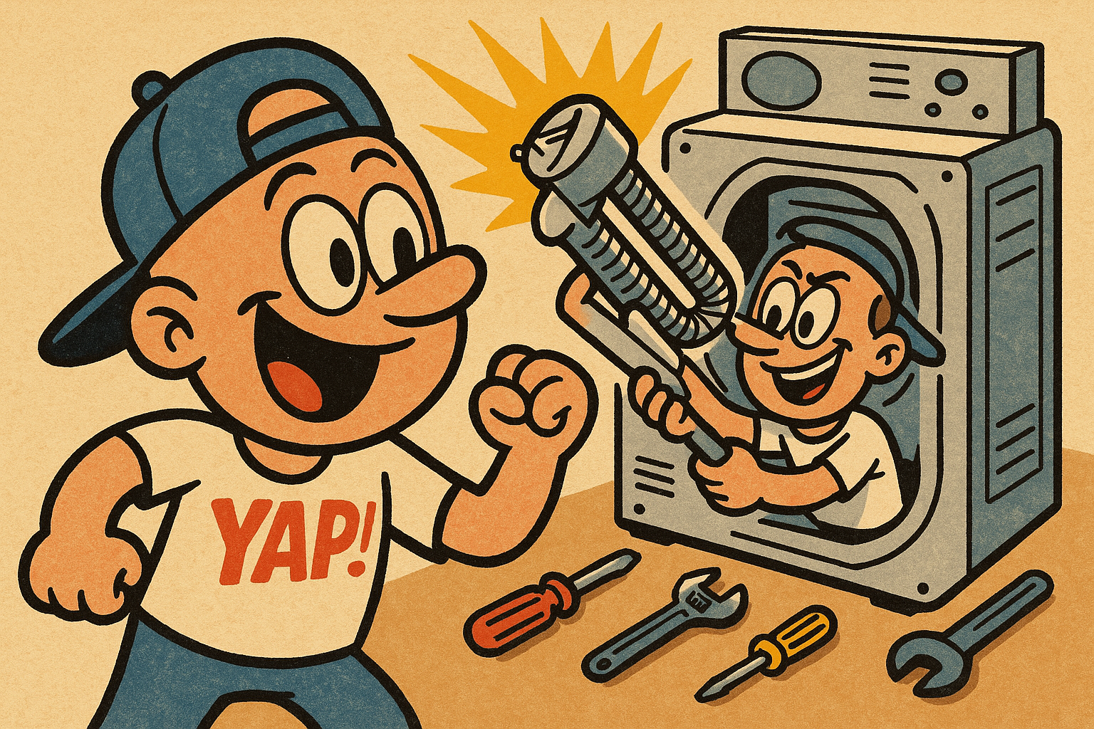 A cartoon action shot of a person confidently installing a brand-new heating ele