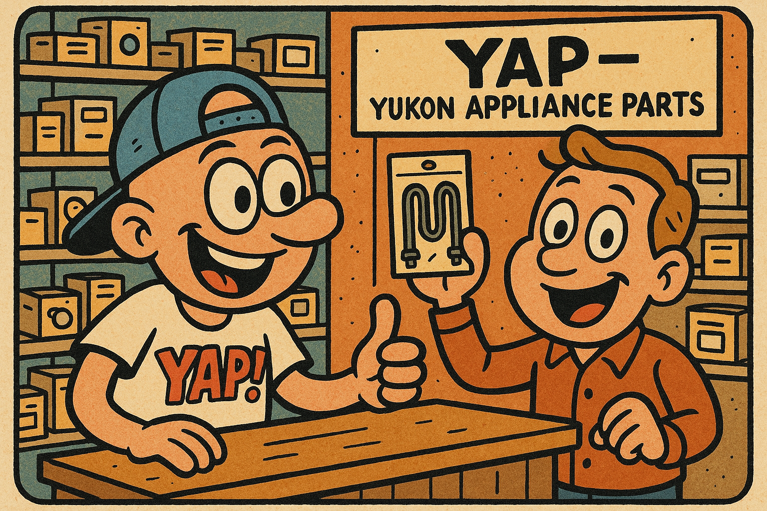 A cheerful cartoon scene inside a small-town appliance parts shop counter. A hap