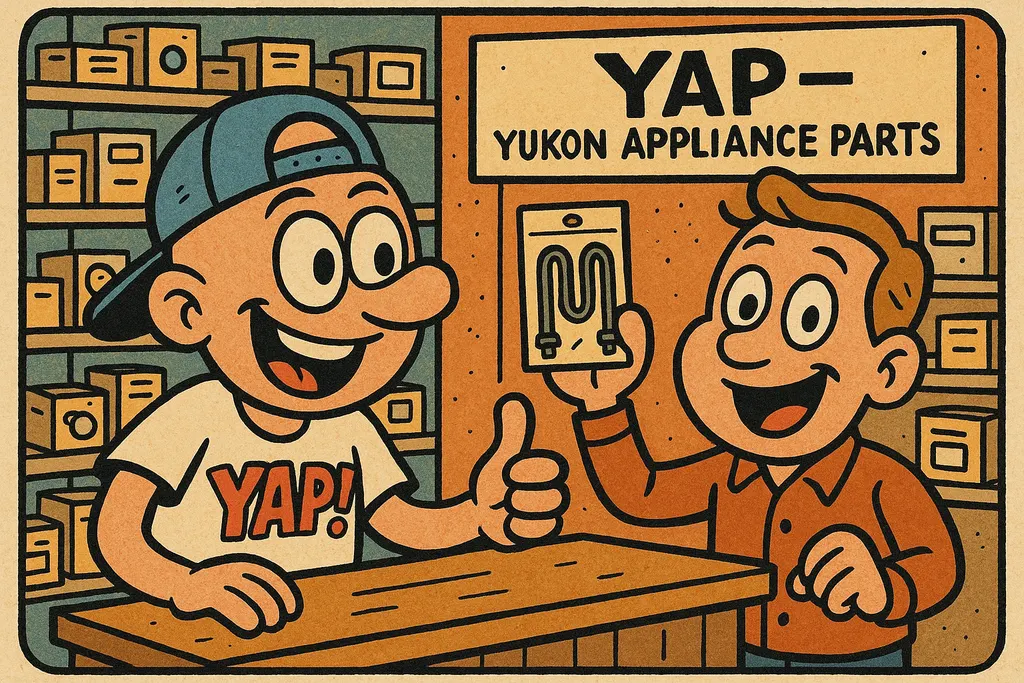 A cheerful customer at the YAP parts store counter in Piedmont, Oklahoma, holdin