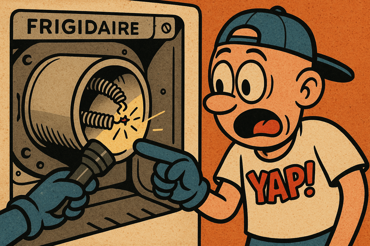 A close-up cartoon scene of the inside back panel of a Frigidaire electric dryer