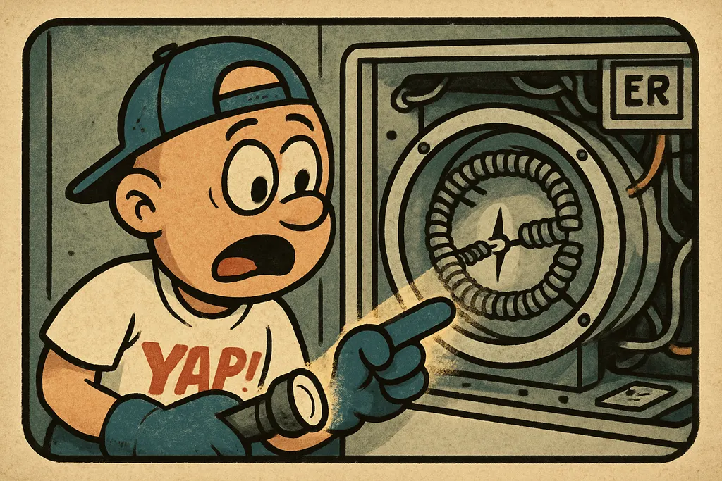 A close-up cartoon scene of the inside back panel of a Frigidaire electric dryer