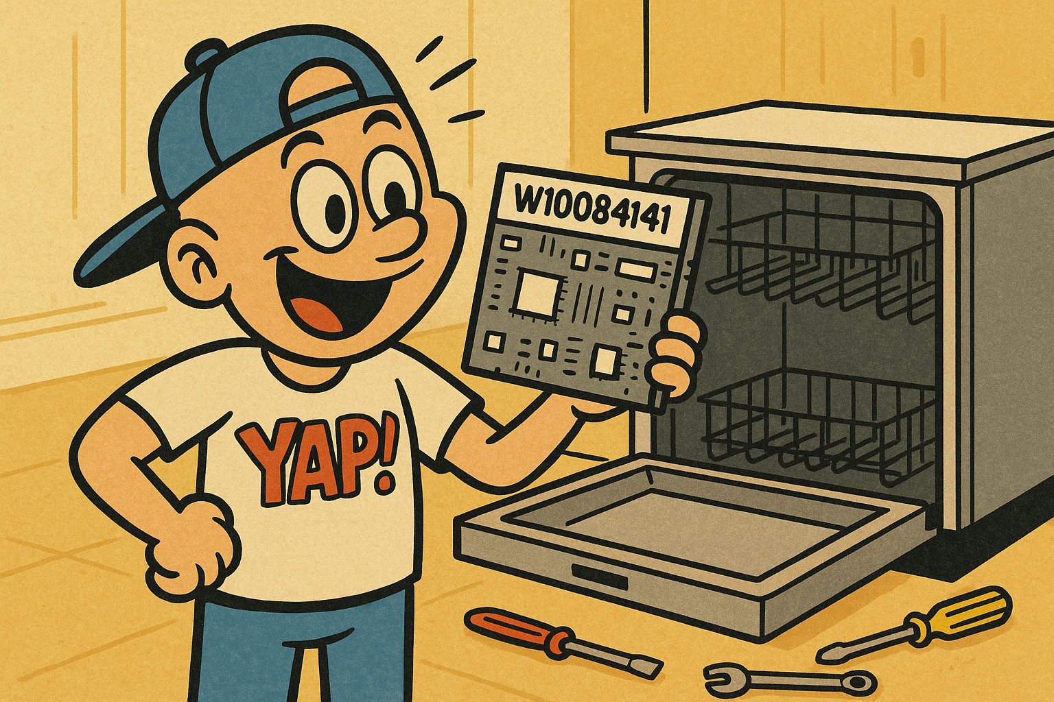 A cartoon scene of a person holding a brand-new rectangular electronic control b