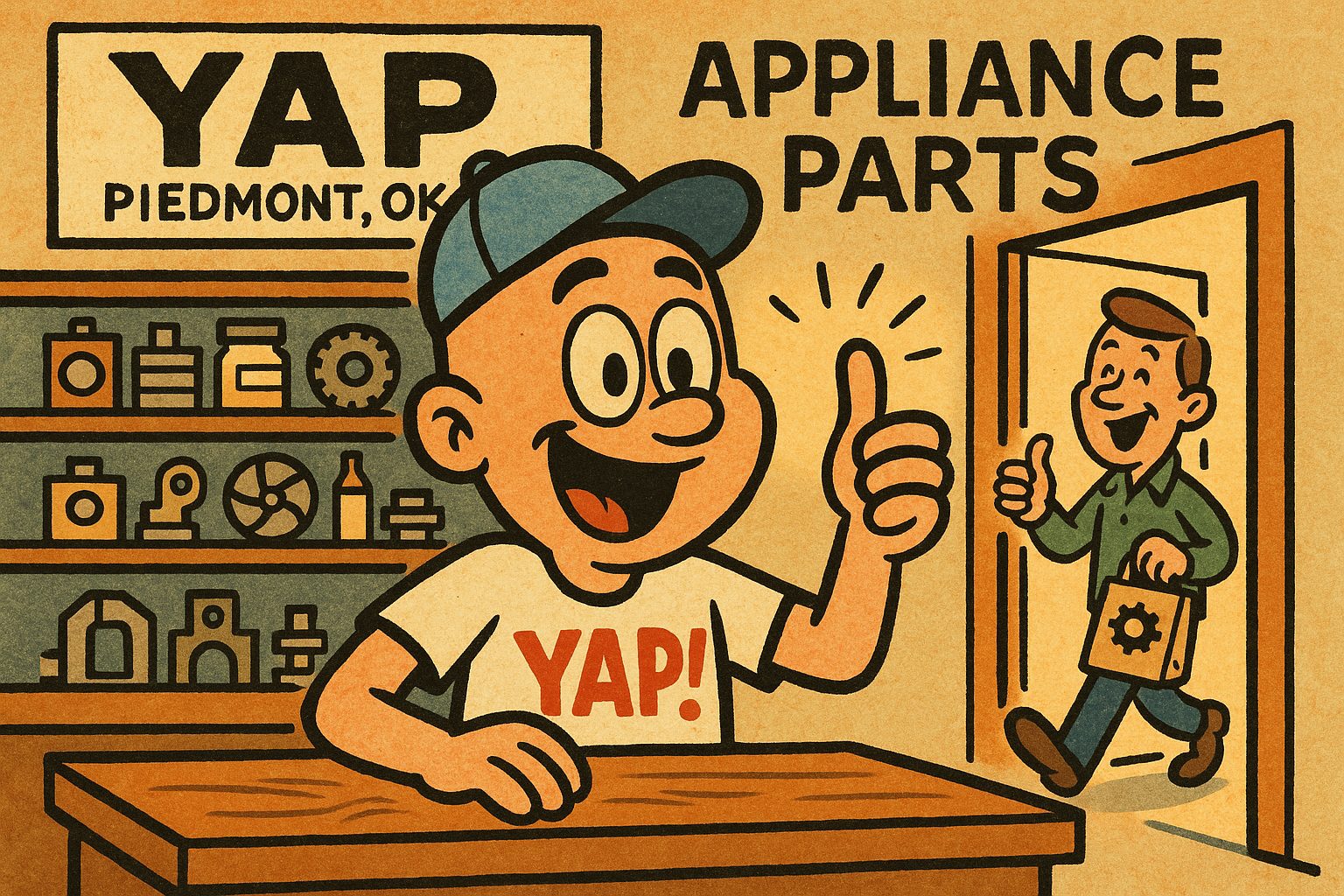 A cartoon scene inside a friendly, cluttered appliance parts shop counter — a ha