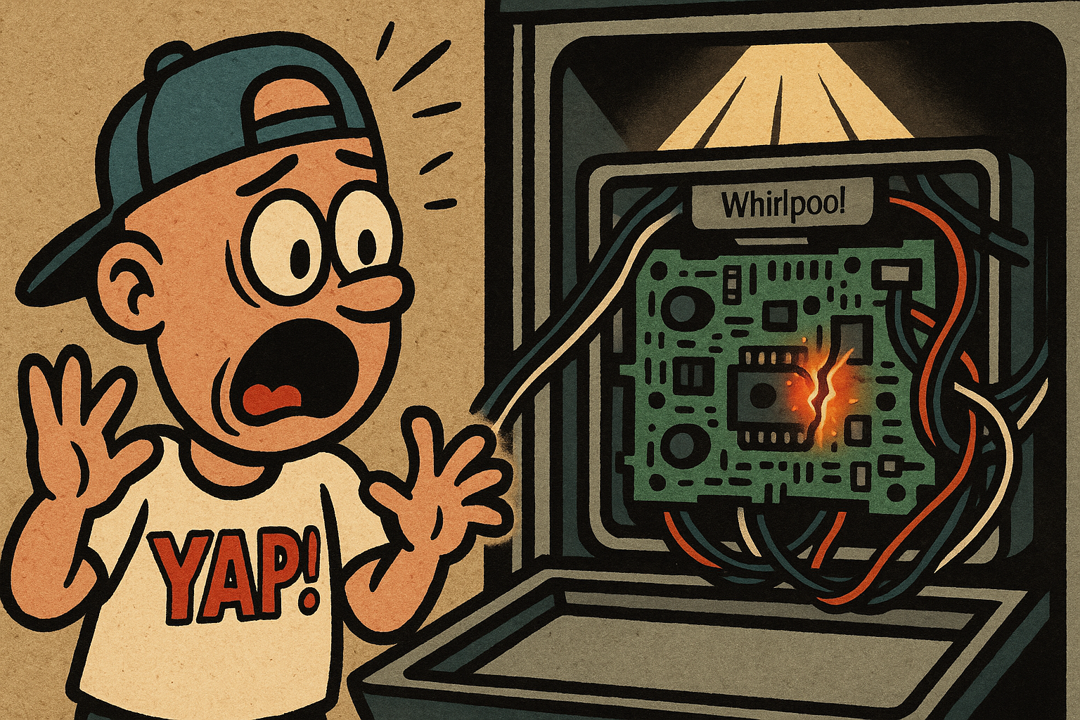 An extreme close-up cartoon illustration of a Whirlpool dishwasher control board