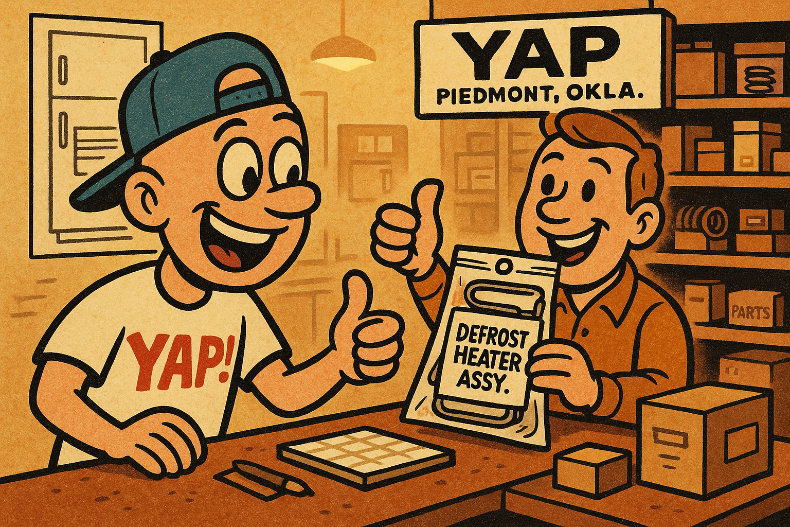 A cheerful cartoon scene at the YAP parts store counter in Piedmont, Oklahoma — 