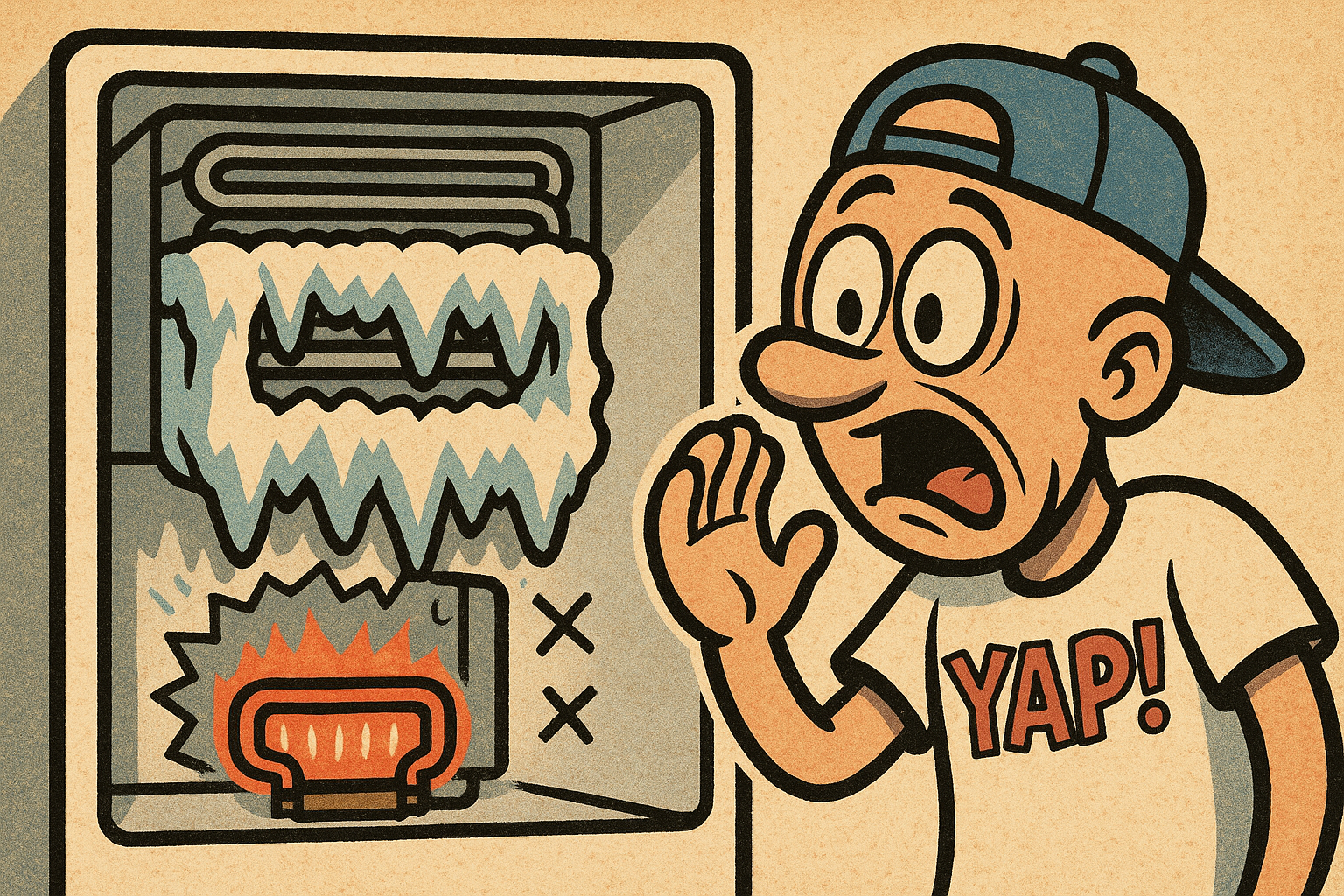 A close-up cartoon scene inside an open freezer compartment with the rear panel 