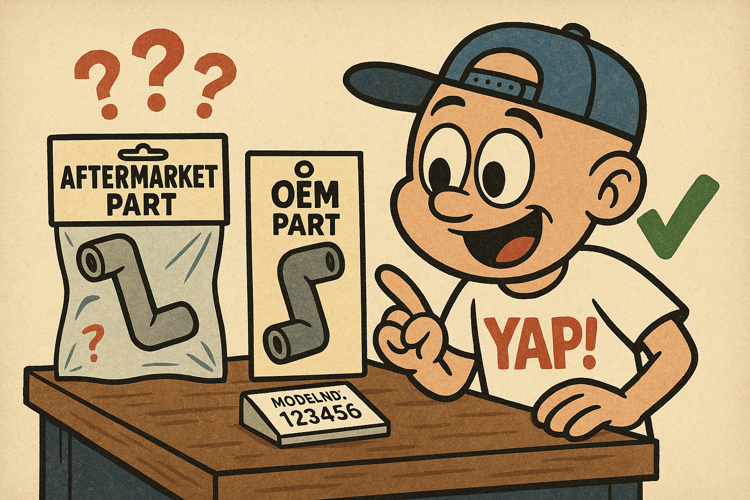 A close-up cartoon scene of a comparison: on the left, a generic aftermarket app