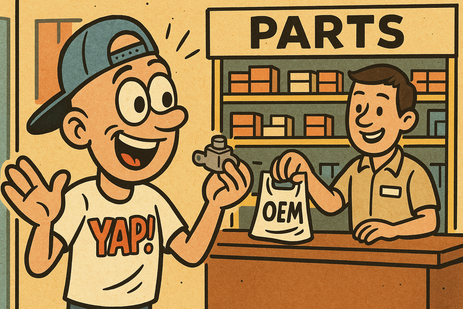 A cartoon scene of a person at a parts store counter receiving a small OEM appli