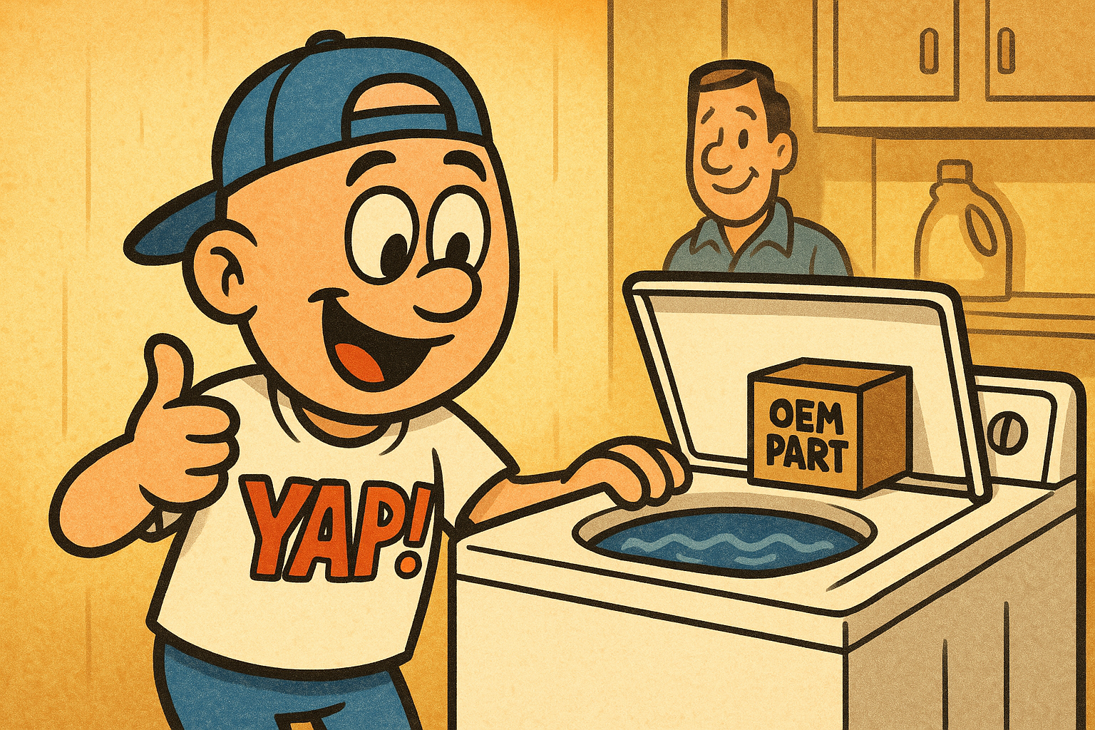 A happy homeowner back in their laundry room, washer lid open, machine running a