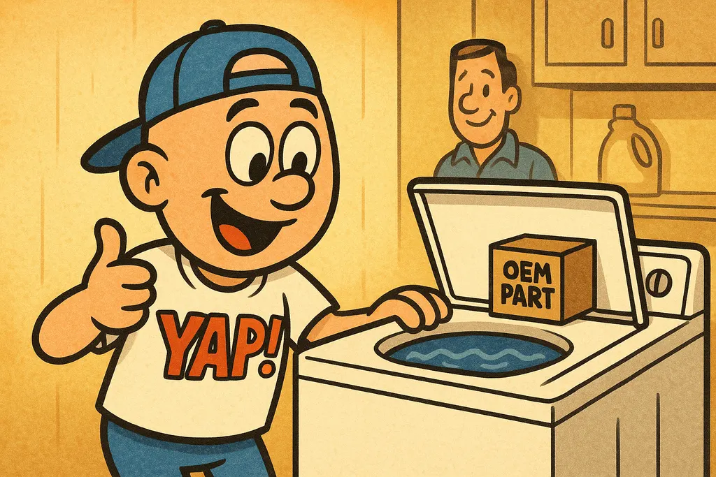 A cheerful cartoon scene inside a bright, tidy appliance parts shop counter — a 