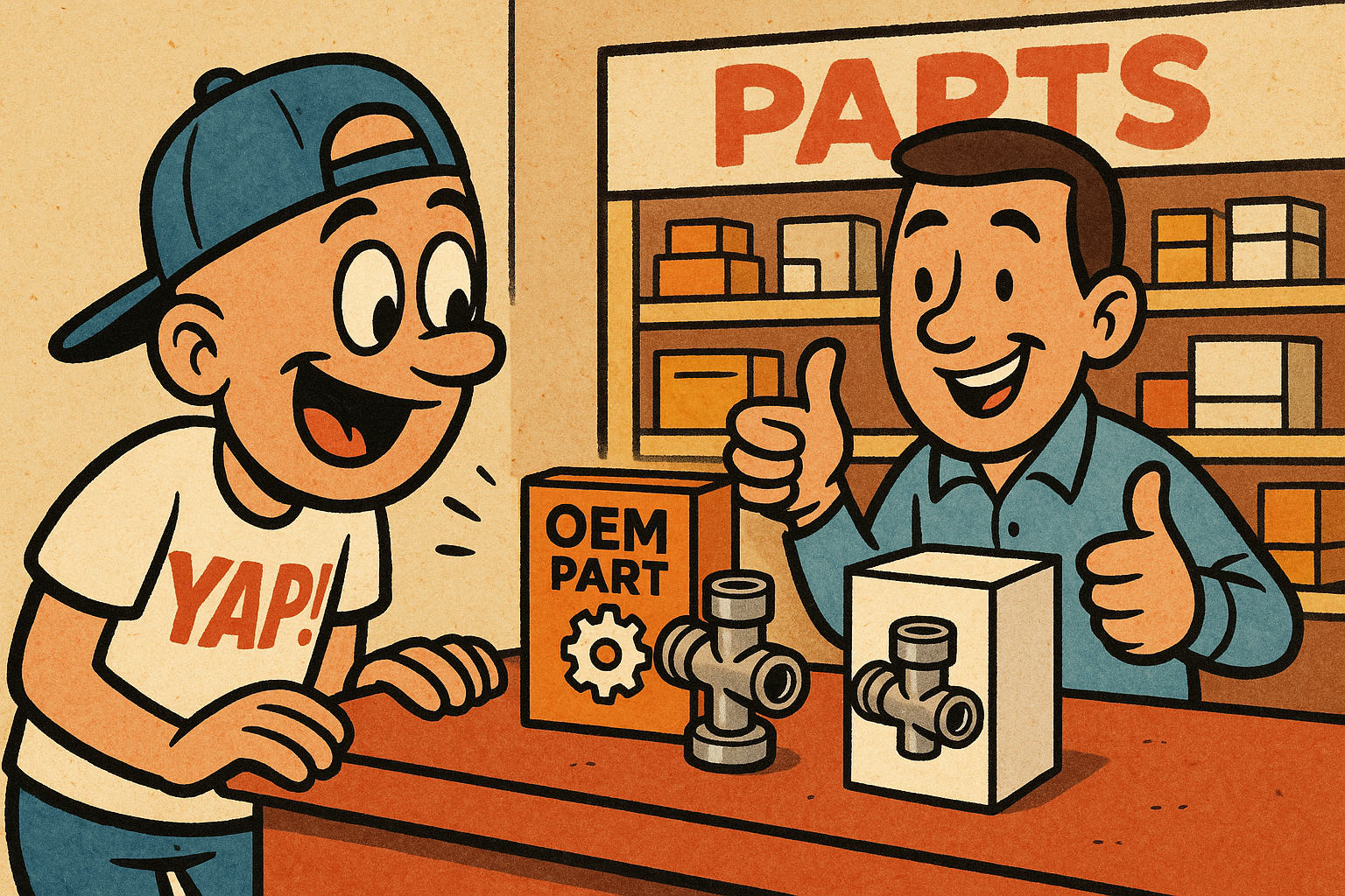A cartoon of two appliance parts side by side on a parts counter — one in clean 