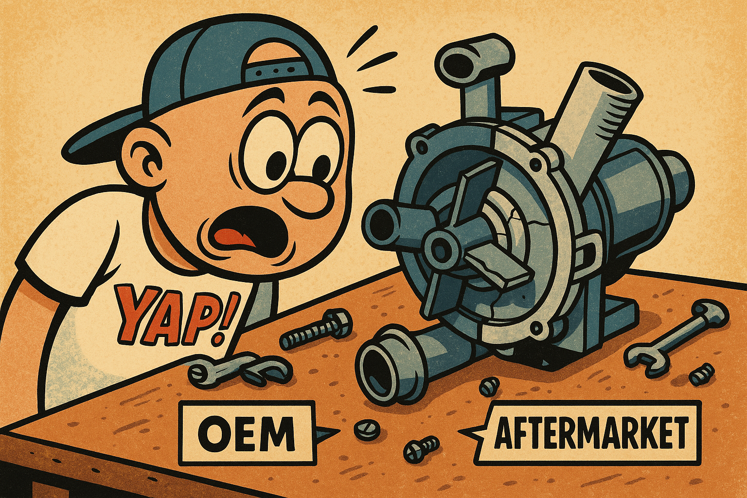 A dramatic close-up cartoon scene of a washer's internal drain pump sitting on a