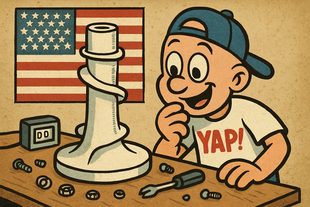 Cartoon scene of YAP Dude leaning over an open top-load washer tub, his hands gr