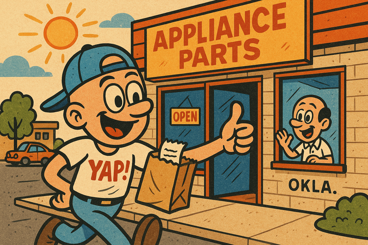 A happy customer walking out of a small-town appliance parts shop with a paper b