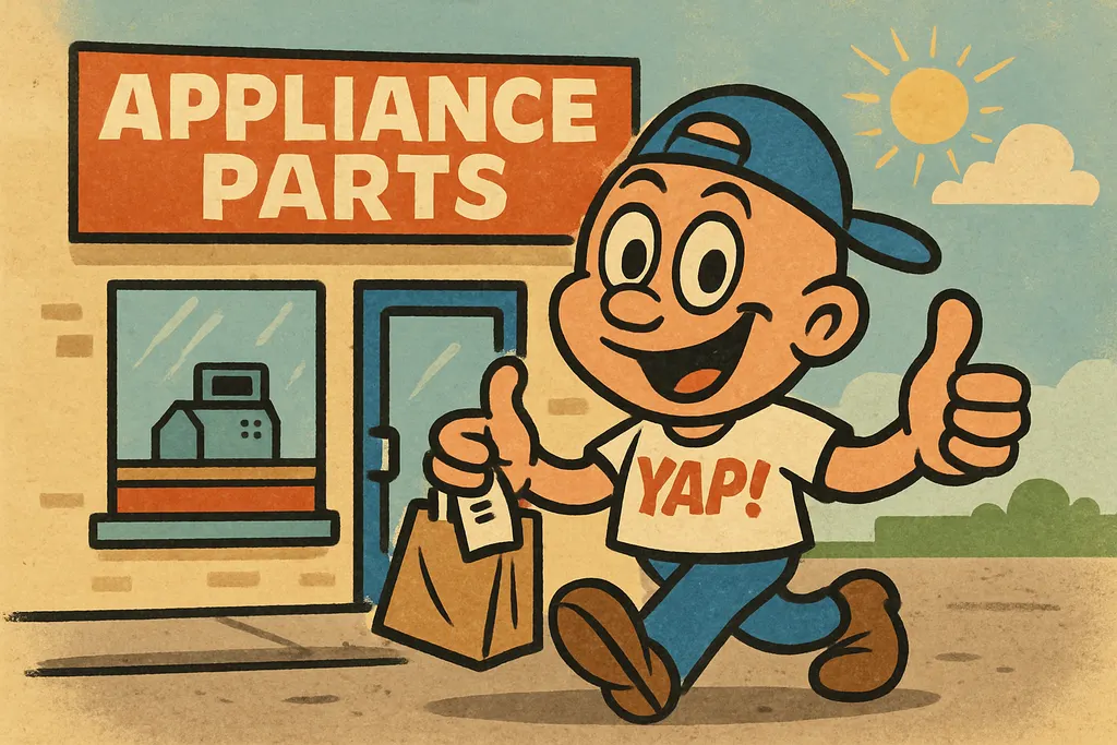 A happy customer walking out of a small-town appliance parts shop with a paper b