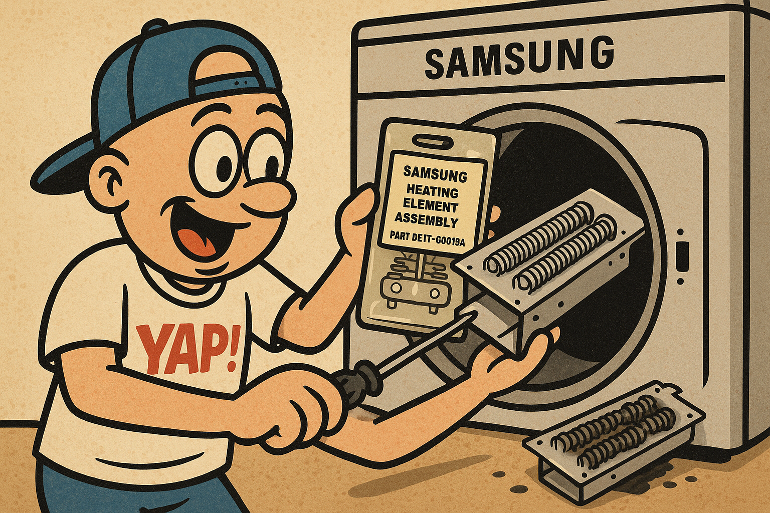 A cartoon action shot of a person holding a brand-new Samsung heating element as