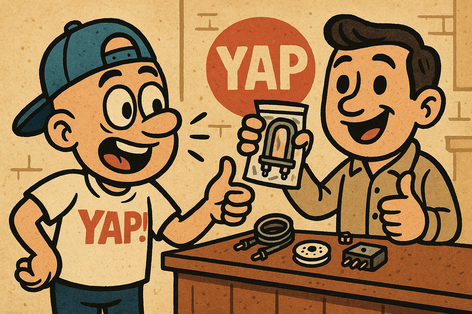 A cartoon scene of a happy customer standing at the counter of a small, friendly