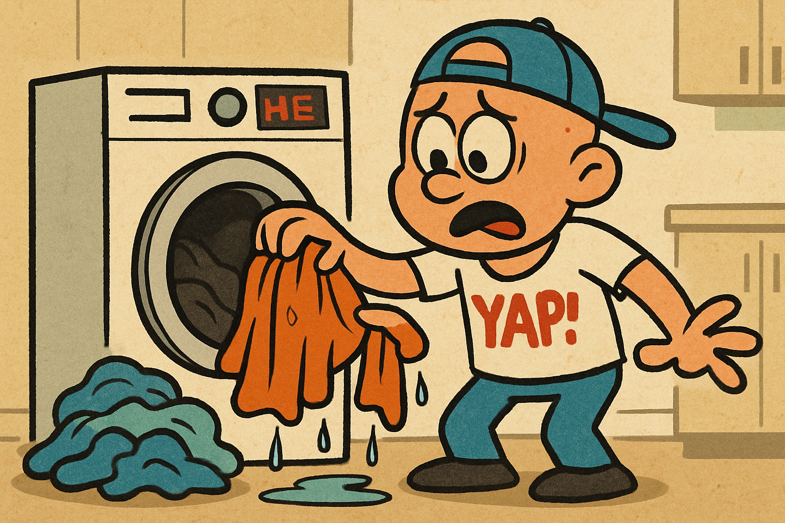 A cartoon scene of a frustrated person standing in front of a Samsung front-load