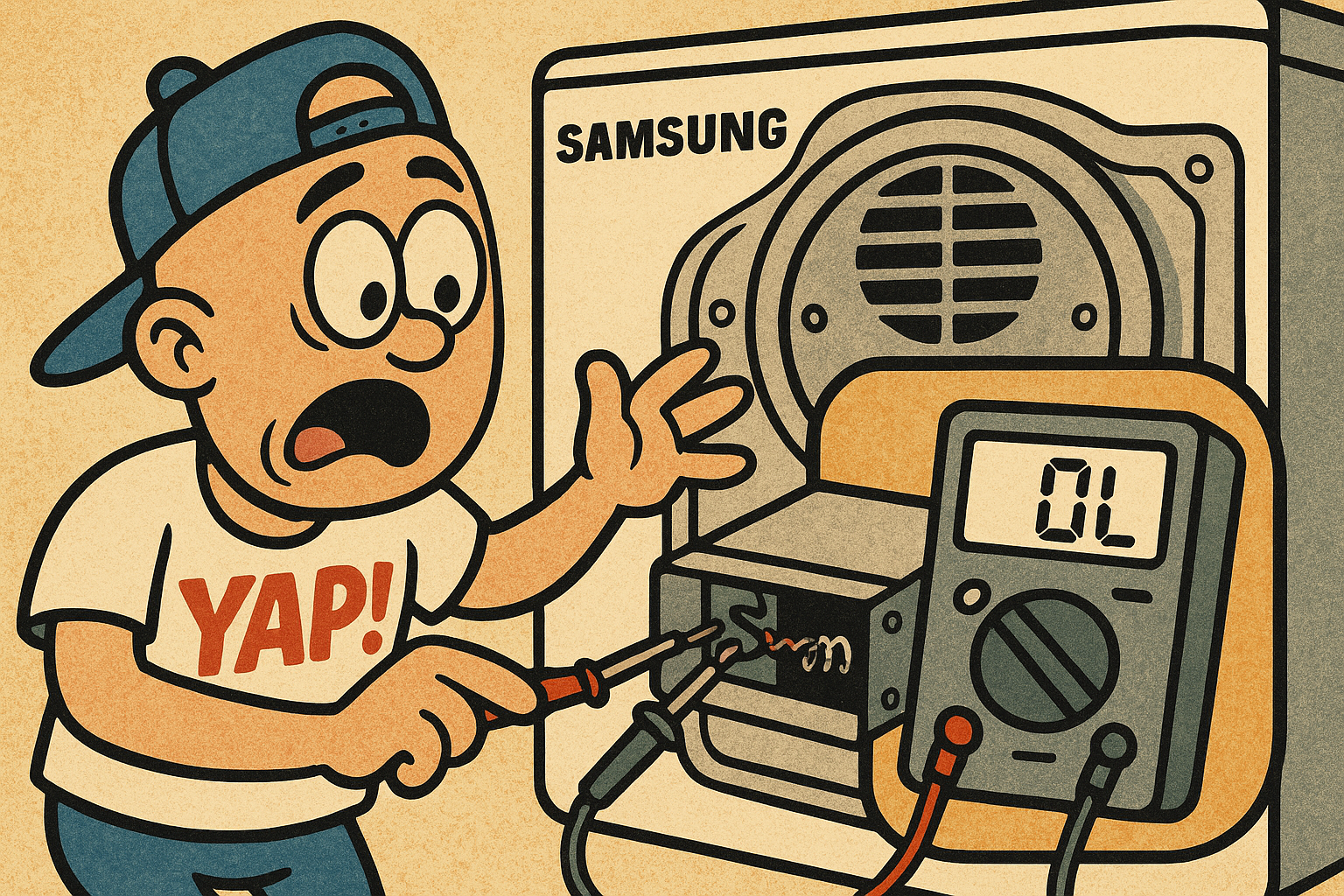 A cartoon close-up of the interior back panel of a Samsung dryer with the rear c