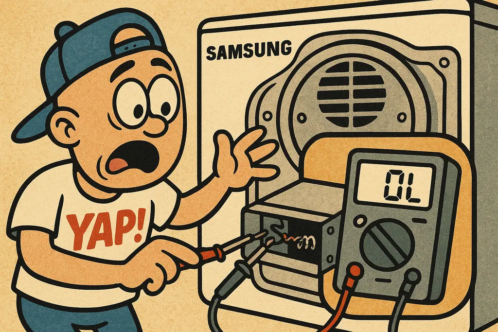 A close-up cartoon scene inside an open Kenmore dryer with the front panel remov