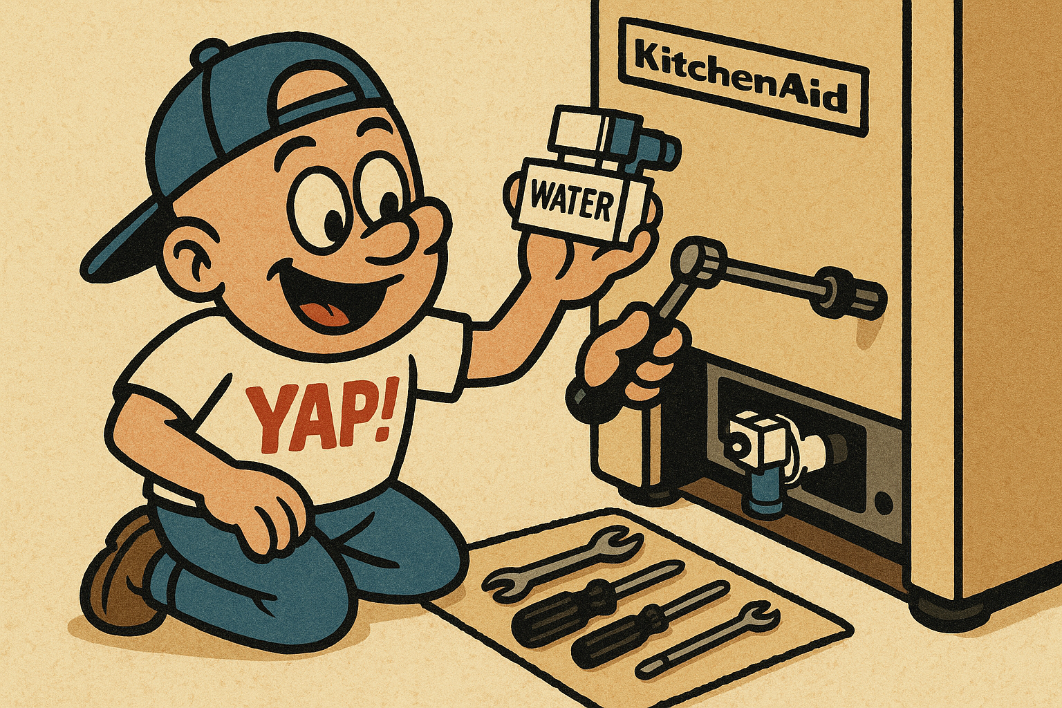 A cartoon action scene of a person kneeling behind a KitchenAid refrigerator, co