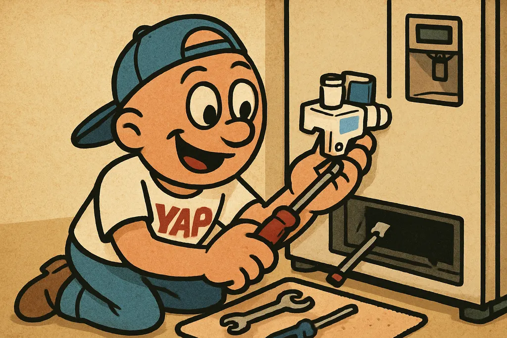 A cartoon action scene of a person kneeling behind a KitchenAid refrigerator, co