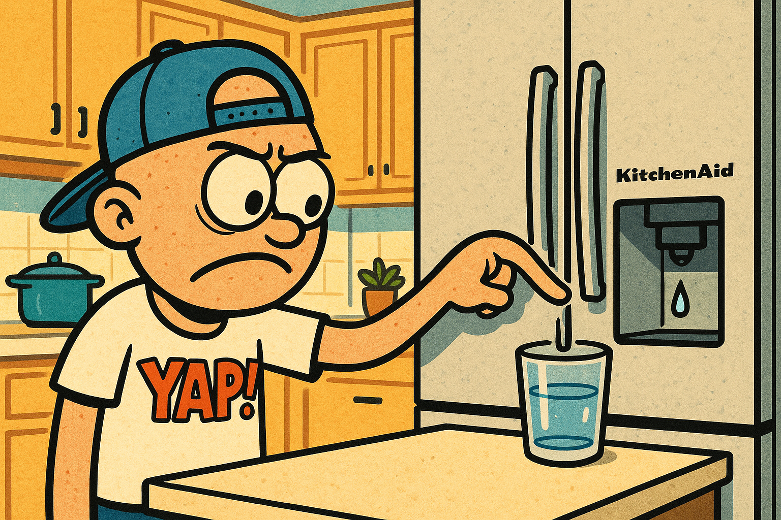 A cartoon scene of a frustrated person standing in a modern kitchen pressing the