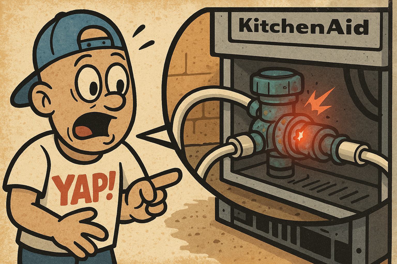 A cartoon close-up scene showing the back lower section of a KitchenAid refriger