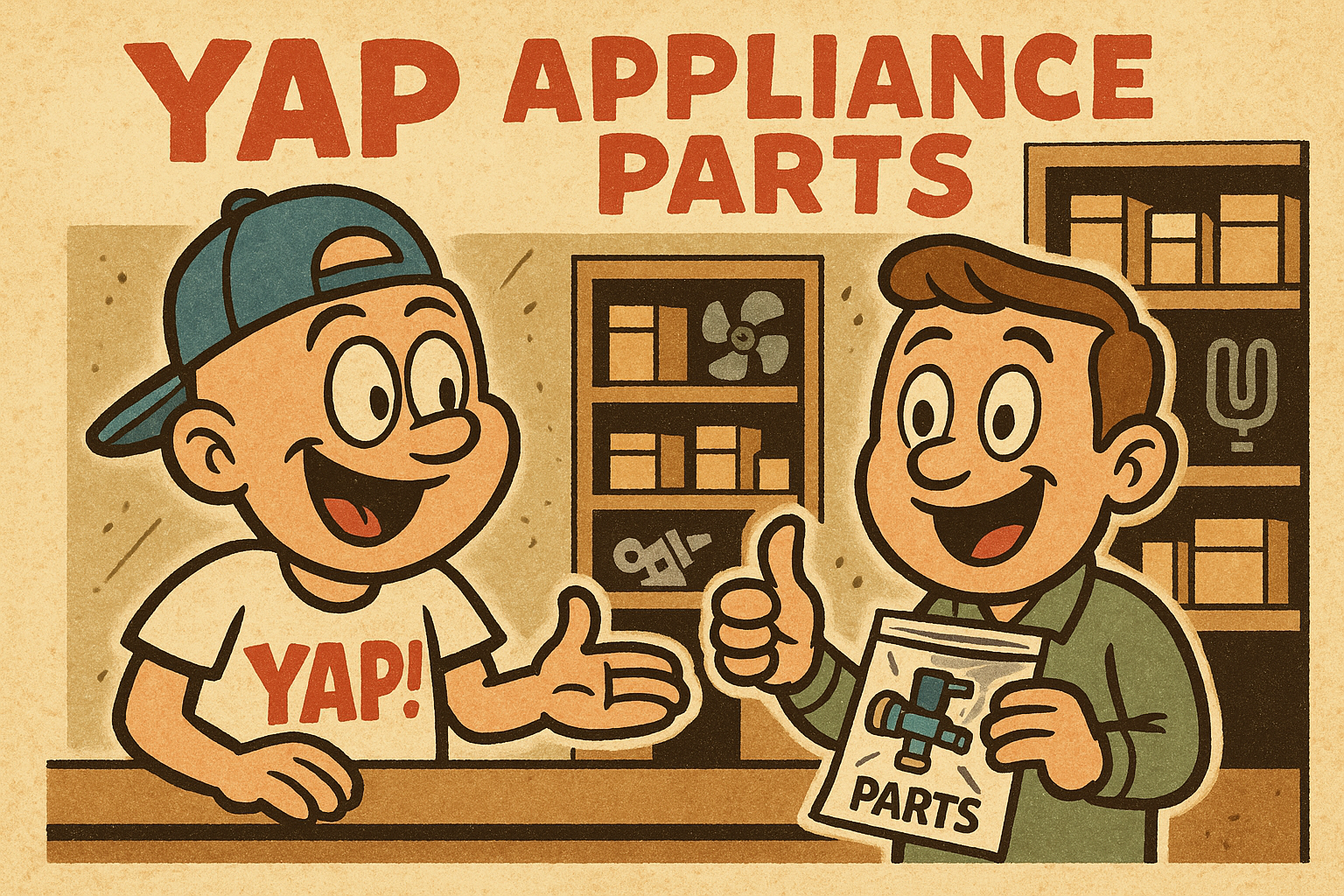 A cartoon scene inside a small, cheerful appliance parts store counter — the YAP