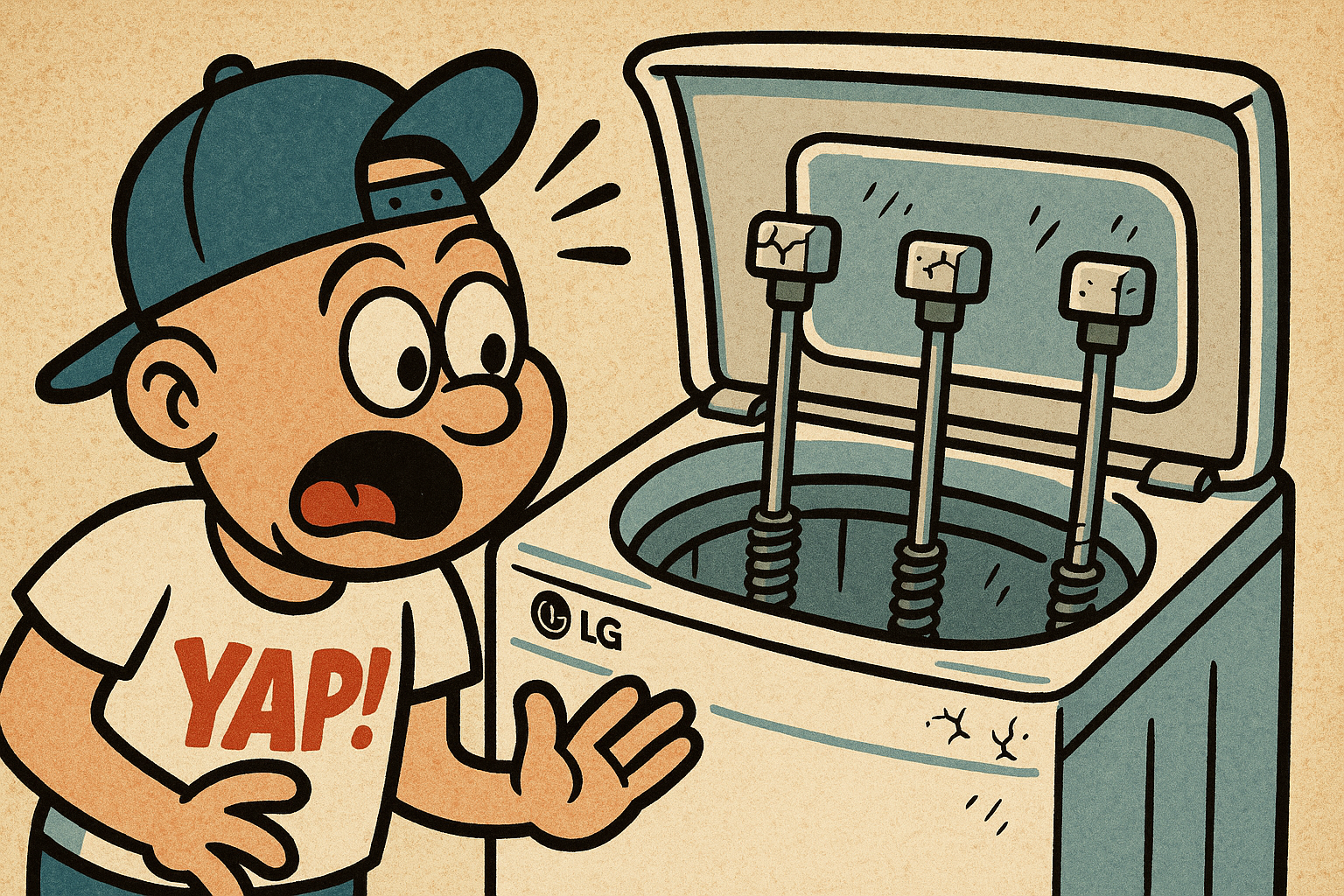 A close-up cartoon illustration inside an open LG top-load washer cabinet, showi
